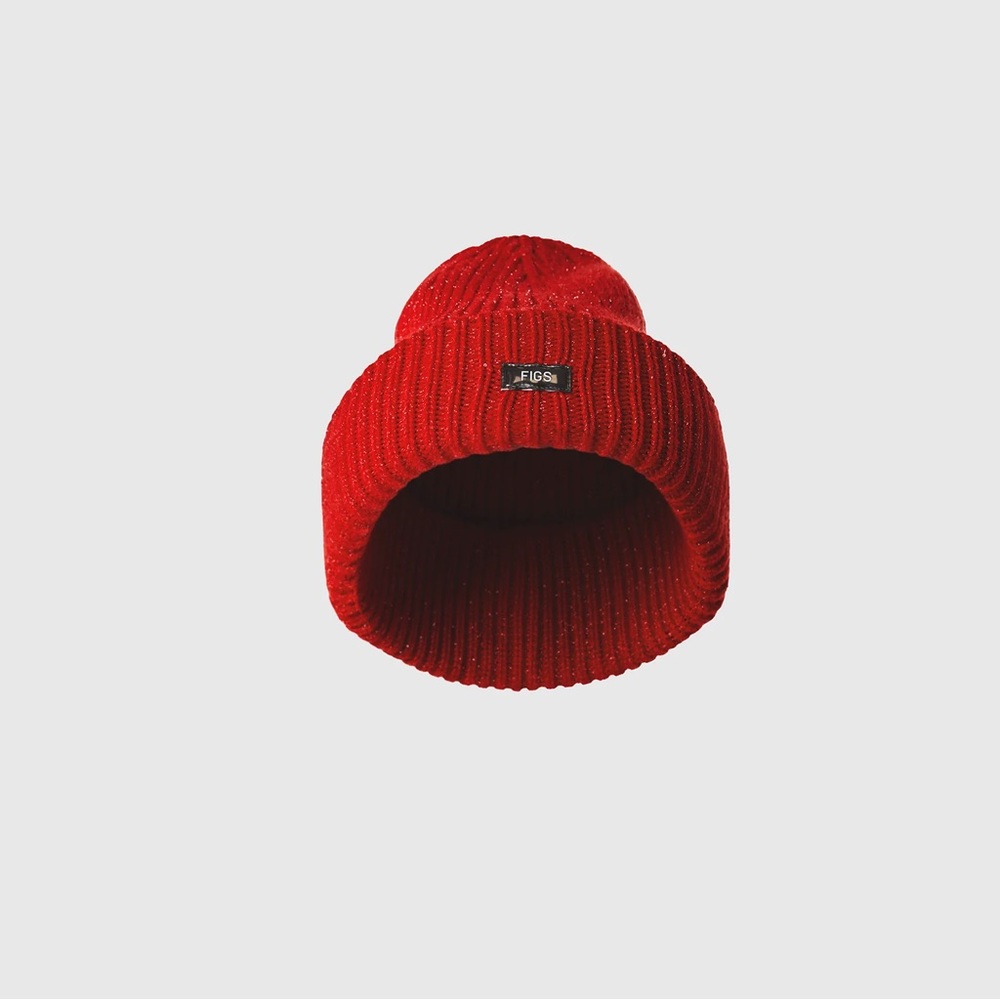 FIGS Red Ribbed Fold-Over Beanie - Picture 2 of 8